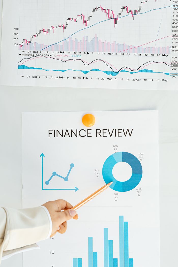 Close-up of financial analysis showing graphs, charts, and person pointing with pencil.
